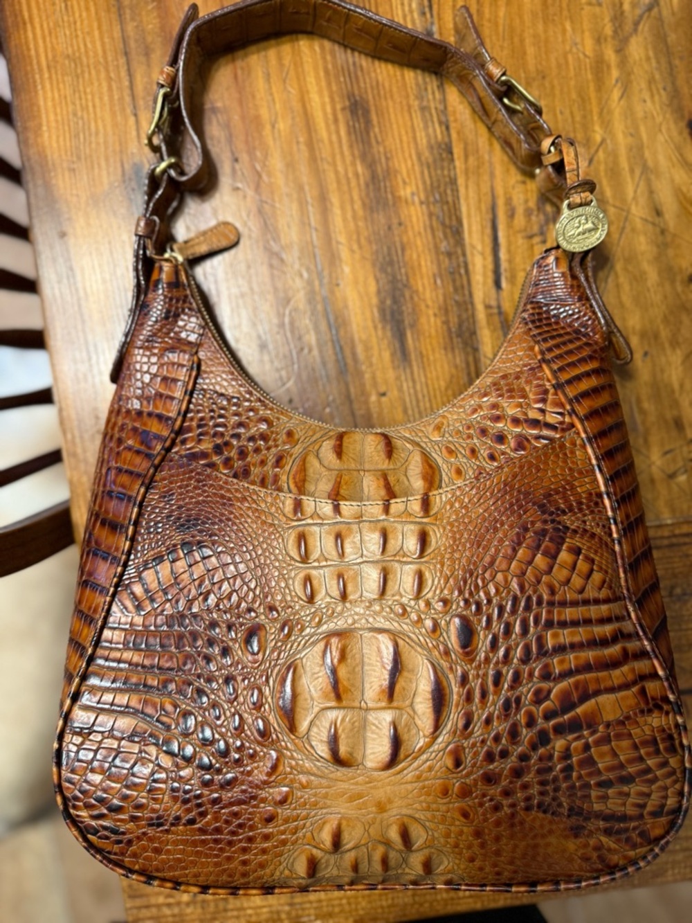 Brahmin Tuscan Collection Croc Embossed Leather Hobo Bag Cognac Brown EUC